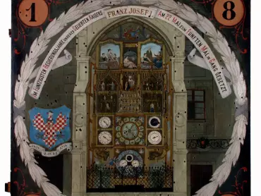 Střelecký terč s vyobrazením renovovaného orloje, 1898. Vpravo městský znak, pod ním stuha s textem „PRIV: /2. JULI –1758 (tj. odkaz na privilegium panovnice Marie Terezie povolující konat a financující výroční střelby na památku osvobození Olomouce z pruského obležení 2. července 1758).“ Při horní části okraje obrazu páska s textem: „IM FÜNFZIGSTEN REGIERUNGSJAHRE UNSERES GELIEBTEN KAISERS / FRANZ JOSEPH I. / AM 22. MAI ZUM FÜNTEN IN GANG GESETZT. (V padesátém roce vlády našeho milovaného císaře Františka Josefa I. 22. května popáté uvedeno do chodu.)“ V rozích terče ve zdobených kruzích číslice 1898. Signováno J. Hirsch (tj. Josef Hirsch). Olej na dřevě, 119 × 120 cm. Vlastivědné muzeum v Olomouci, inv. č. O-2467.